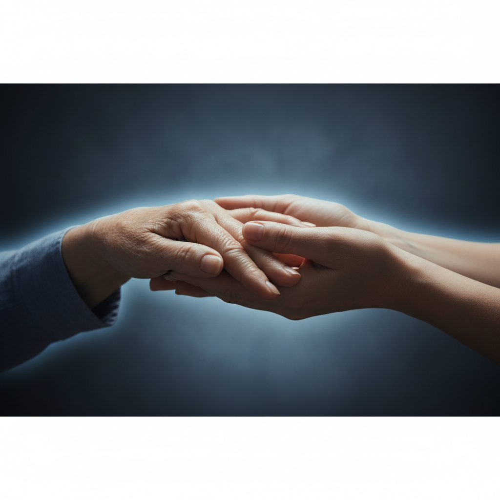 Older patient with caregiver hand support