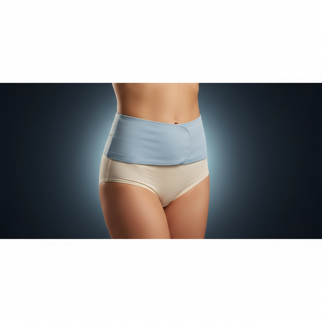 Pelvic area with pale blue PEMF therapy band