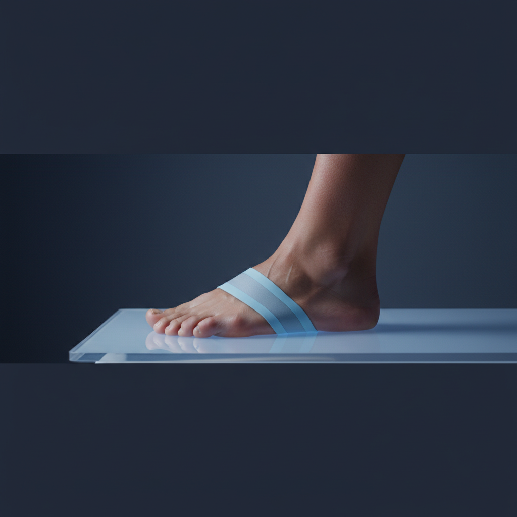 Glowing PEMF therapy strip along the arch of a runner's foot