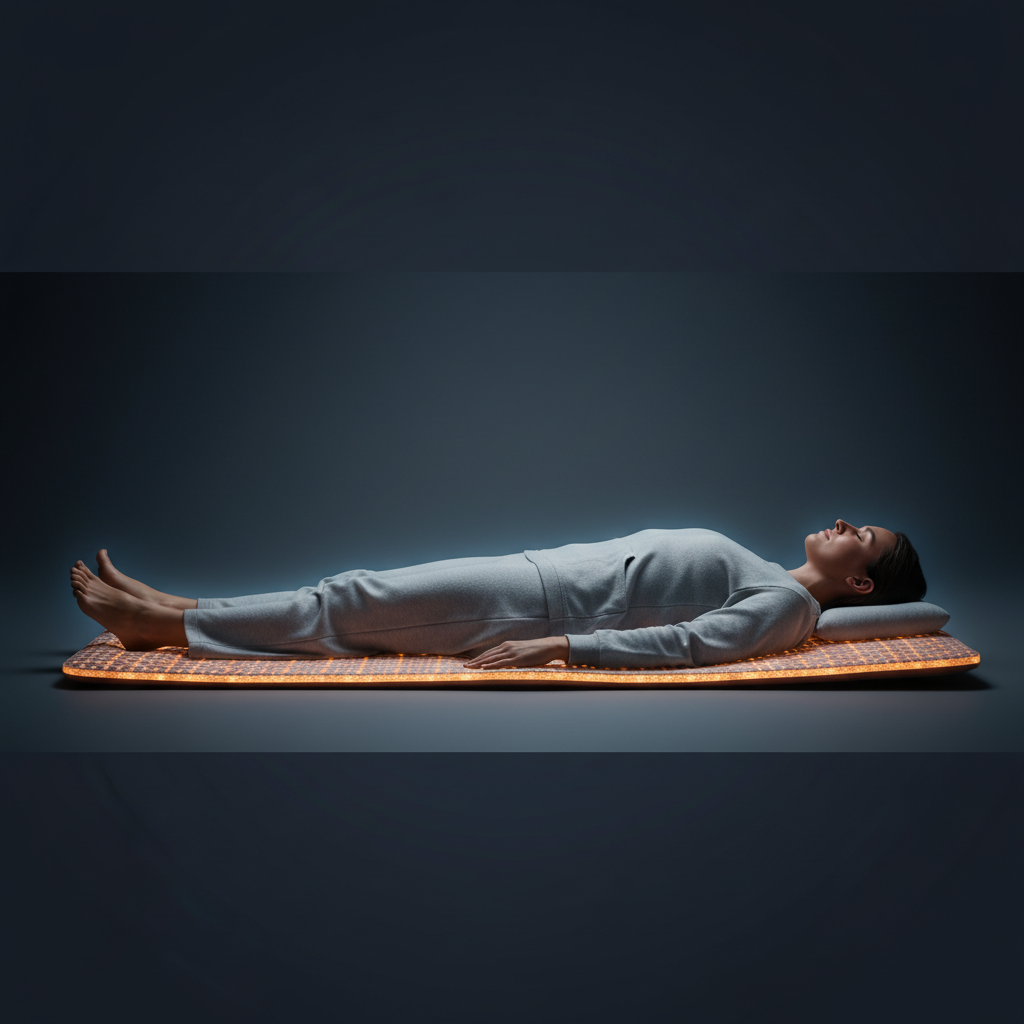 Person reclining peacefully on a PEMF treatment mat